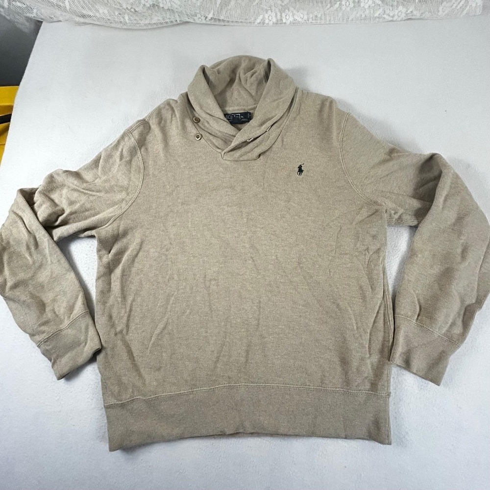 Polo‎ Ralph Lauren Shawl Neck Sweater Mens L Tan Beige Pullover Preppy Old Money
